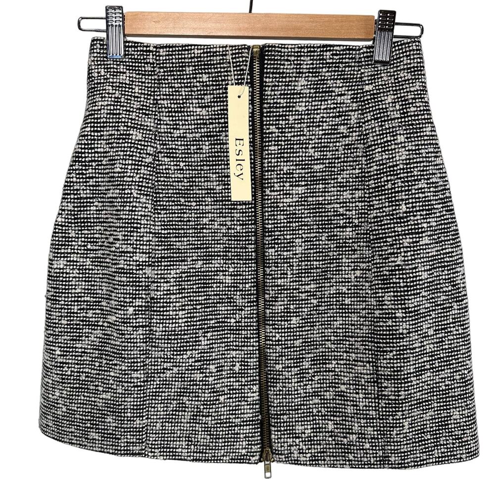 Esley Zip Front Mini Skirt WMNS S Black White Tweed Wool Blend Academia Chic